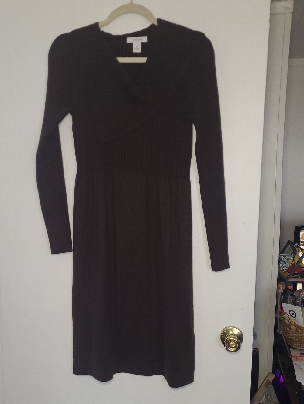 Long Sleeve Ribbed Knit Dress - Dark Brown